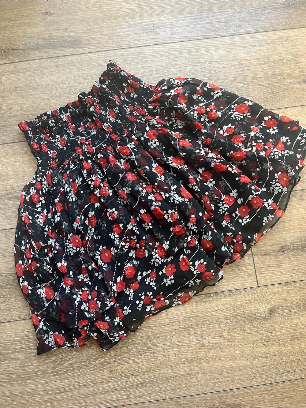 The Kooples Black Floral Smocked Mini Skirt - Red Flower Print